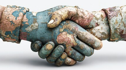 Handshake with world map texture symbolizing global partnership and cooperation, showing unity and connection between continents in creative concept