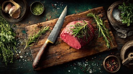 Vibrant Raw Beef Roast with Fresh Rosemary and Thyme on Rustic Wooden Board.