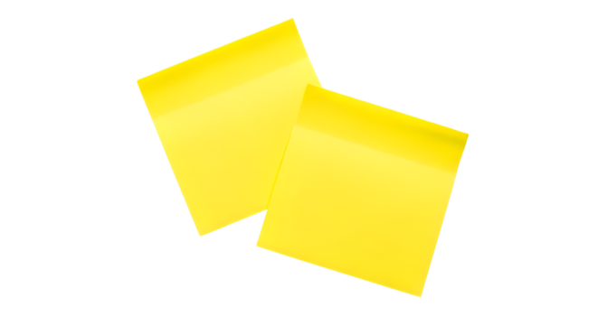Two bright yellow square sticky notes overlapping notepad
