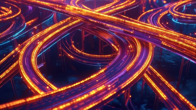 Futuristic glowing highway interchange simulating digital data flow - Powered by Adobe