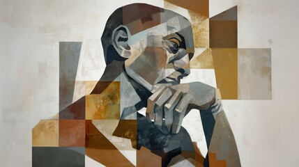A geometric style portrait shows a guy thinking deeply, with a hand resting on his chin, pondering complex thoughts.
