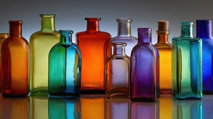 Colorful Glass Bottles - A Vibrant Still Life Composition with Reflections.