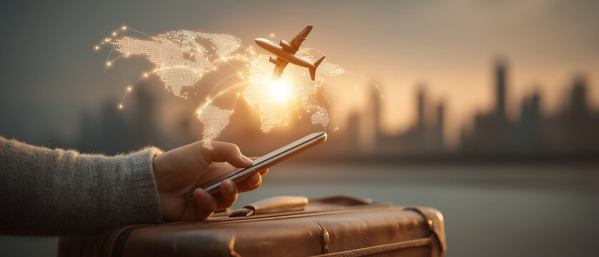Smartphone travel app booking airplane journey over illuminated world map with city skyline