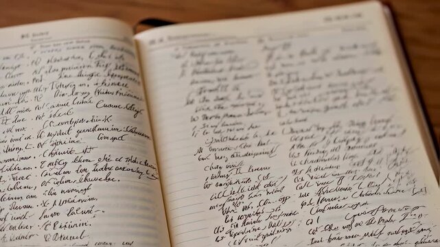 Close up of handwritten notes in open notebook on wooden surface