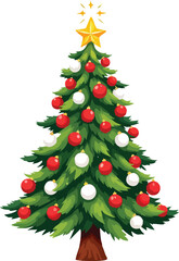 Fototapeta premium Lush Christmas Tree Vector Illustration with Red White Ornaments and Bright Golden Star Topper