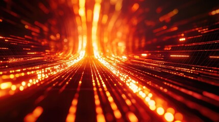 Digital data streaming in glowing orange light network