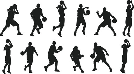Basketball Players Action Silhouettes Set Vector Collection Dribbling, Shooting, and Jumping Isolated on White Background for Sports Theme