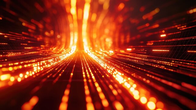 Digital data streaming in glowing orange light network