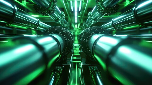 Industrial pipes creating a futuristic green technology background