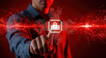 Man activating digital security with a padlock on a virtual circuit board for cybersecurity and data protection in a technology future