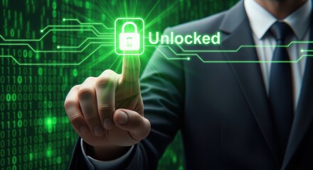 Businessman pressing the unlocked security button on a digital interface for network access and cybersecurity representing data protection