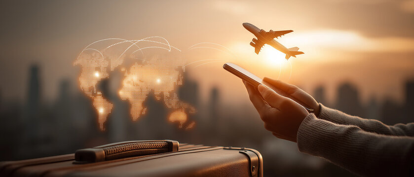 Global travel planning with smartphone and airplane concept at sunset over cityscape