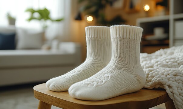 Warm knitted white socks on a wooden stool in a cozy home interior scene