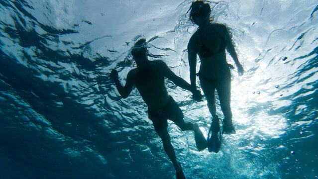 A silhouetted couple snorkels together in the clear blue ocean, holding hands. - Powered by Adobe