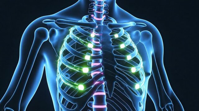 Scientific 3D Medical Animation Depicting The Human Spine Skeletal System With Glowing Nerve Pathways In A Dark Blue Clinical Palette