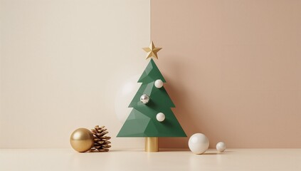 Abstract Christmas tree shape with ornaments on pastel background  