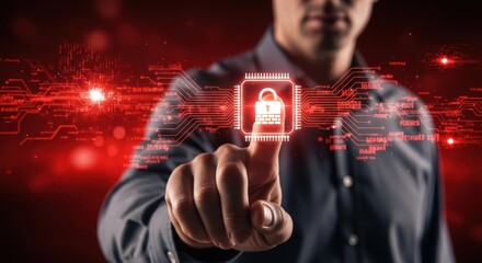 Man interacts with a glowing virtual padlock signifying network security data protection and digital privacy in the digital age