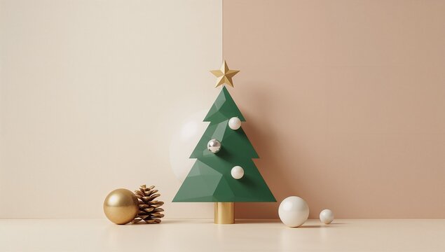 Abstract Christmas tree shape with ornaments on pastel background   - Powered by Adobe
