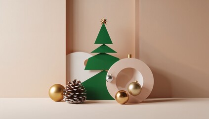 Abstract Christmas tree shape with decorative ornaments on neutral background  