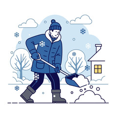 Flat illustration of a man shoveling snow during snowfall