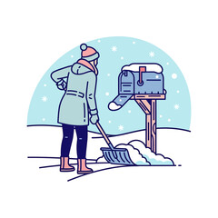 Flat illustration of a woman cleaning snow around mailbox