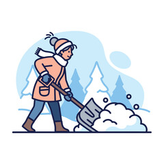 Flat illustration of a woman pushing heavy snow with a large shovel