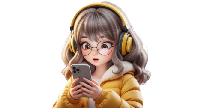 Surprised animated girl wearing headphones holds smartphone in a studio shot transparent background