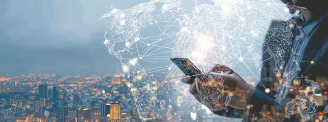 Man using smartphone with digital global network overlay above futuristic city lights