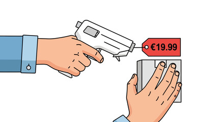Hands tagging a product with a price tag gun, flat illustration, isolated on white