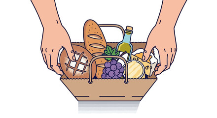 Hands placing items into a paper shopping bag, flat style.