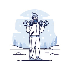 Flat illustration of a man doing dumbbell curl winter outdoor