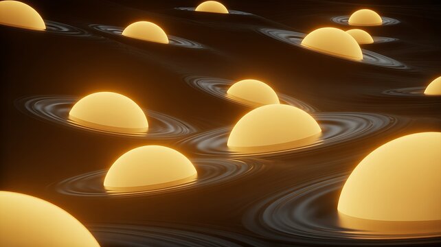 Glowing orbs floating on a dark liquid surface with ripple patterns