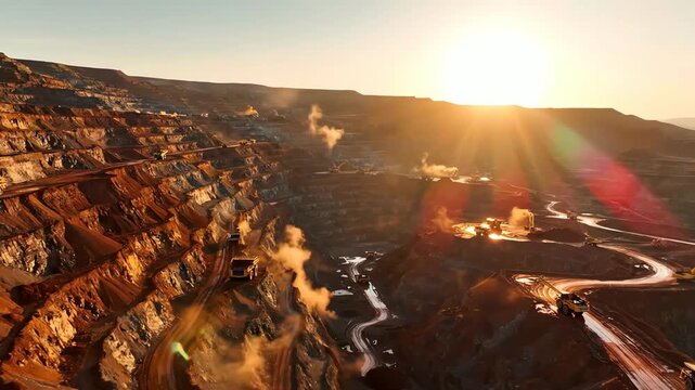 A rare earth mining valley at dawn, mist curling above terraced slopes cut deep into the earth