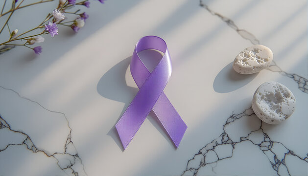 Minimalist pastel purple ribbon folded symbolic of epilepsy awareness on smooth marble surface with copy space
