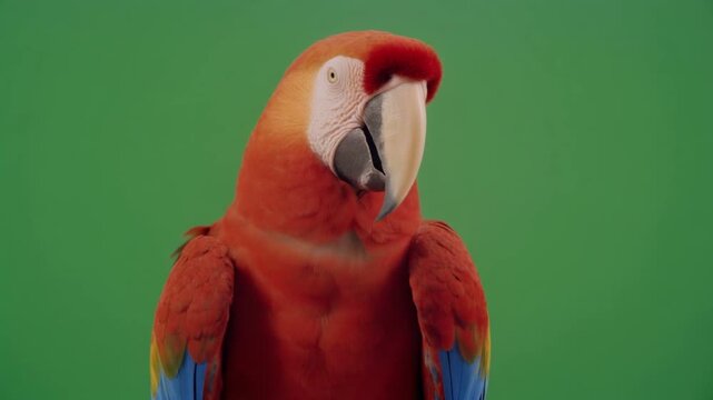 Red macaw parrot in studio against a green screen