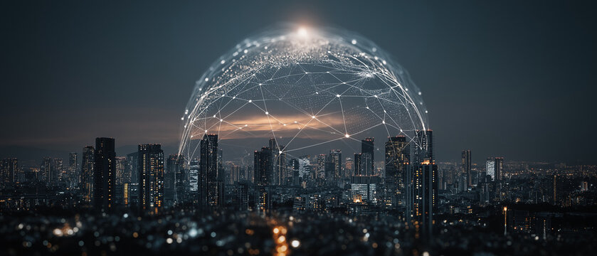Connected global network overlaying a futuristic cityscape at night, illustrating digital transformation