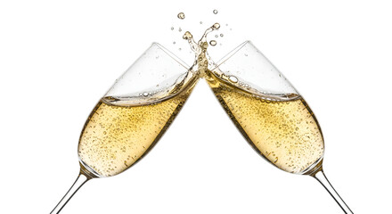 Two champagne glasses clinking with splash toasting