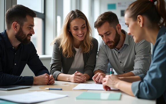 A collaborative team reviewing a prototype in a workshop. High quality