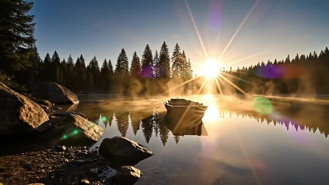 Golden sunbeams break through morning mist over a serene forest lake, reflecting trees and rocks.