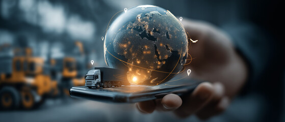 Global logistics network truck on phone with digital earth globe and location pins