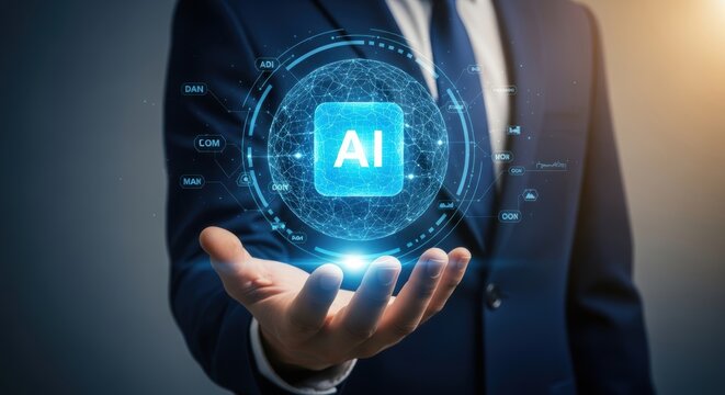 Businessman presents sphere hologram showcasing artificial intelligence technology with connected data and machine learning algorithms