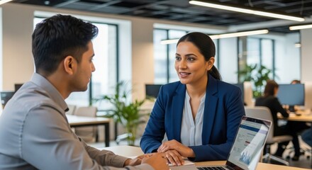 Indian HR Manager Advising Employee &mdash; Supporting workplace development in a modern office setting
