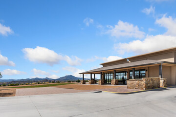 Obraz premium elegant mountain retreat, stylish outdoor seating area, beautiful panoramic view with cozy