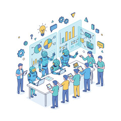 Humans and Robots Collaborate in a Modern Business Meeting with Data Visualizations