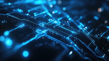 Digital circuit board with glowing blue connections transmitting data