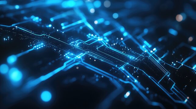 Digital circuit board with glowing blue connections transmitting data