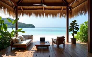 digital nomad workspace tropical Remote island office Tropical work getaway Paradise coworking spot.Beachside productivity hub.Exotic remote workspace. High quality