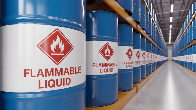 Industrial warehouse storage of blue barrels with flammable liquid warning labels symbolizing chemical safety, hazardous materials, risk management, and industrial logistics