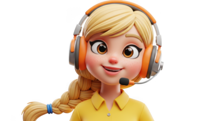 Animated character with headphones and mic ready for communication and gaming adventures transparent background
