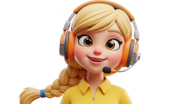 Animated character with headphones and mic ready for communication and gaming adventures transparent background - Powered by Adobe